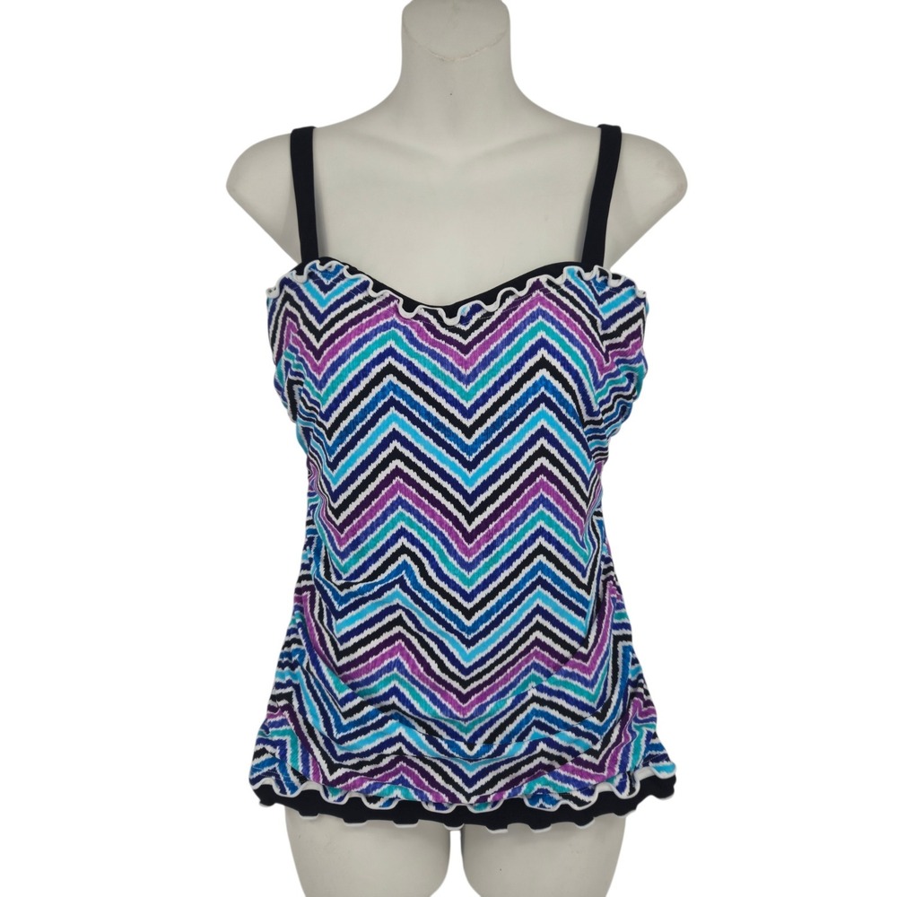 Profile by Gottex Tankini Top Women 34E Blue Purple Chevron Scalloped Vacation
